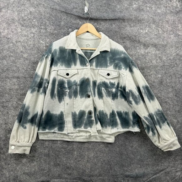 POL Jacket Womens Large Blue Gray Tie Dye Striped Button Pockets Boho Sweatshirt - Picture 1 of 10